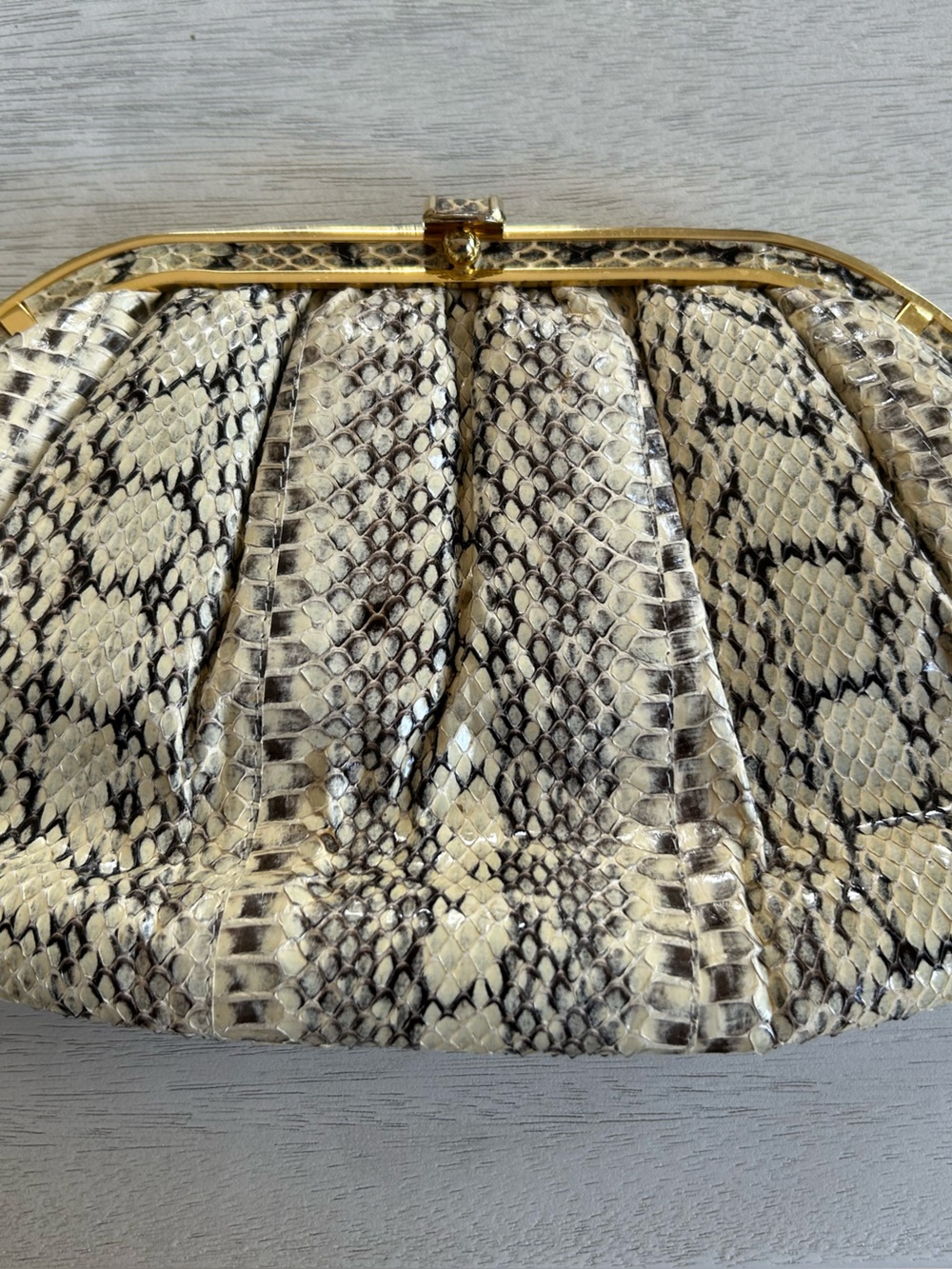 Vintage Python-Print Shell Clutch Bag in Cream and Black with Gold Frame